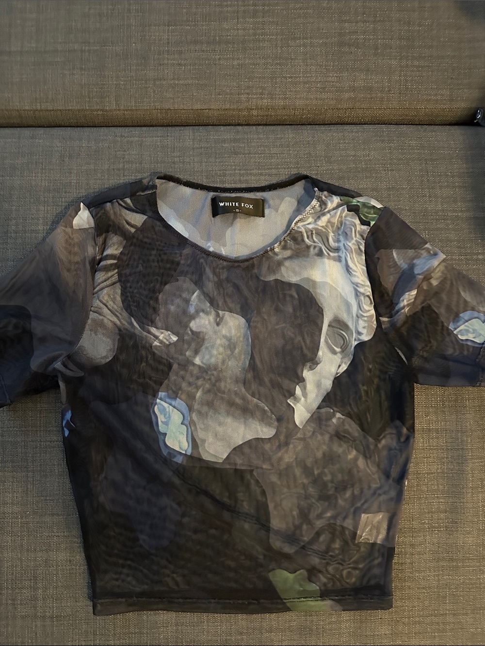 White Fox Boutique Black & Gray Sheer Crop Top with Subtle Print